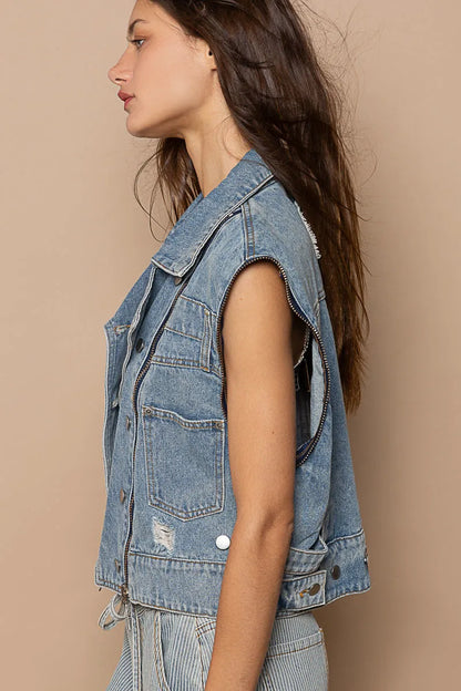 Dusty blue POL cropped denim jacket with functional zipper detail, trendy casual outerwear by Trendsi.