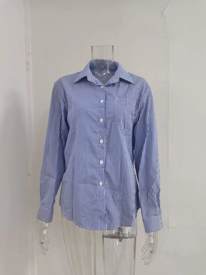 Relaxed fit striped button-down shirt from Trendsi, featuring a casual style with vertical stripes and a classic collar.