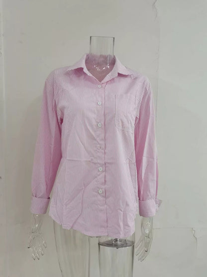 Relaxed fit striped button-down shirt by Trendsi featuring a classic collar and long sleeves, displayed on a hanger.