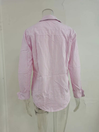 Striped button-down relaxed fit shirt from Trendsi, showing a casual stylish design with blue and white stripes.