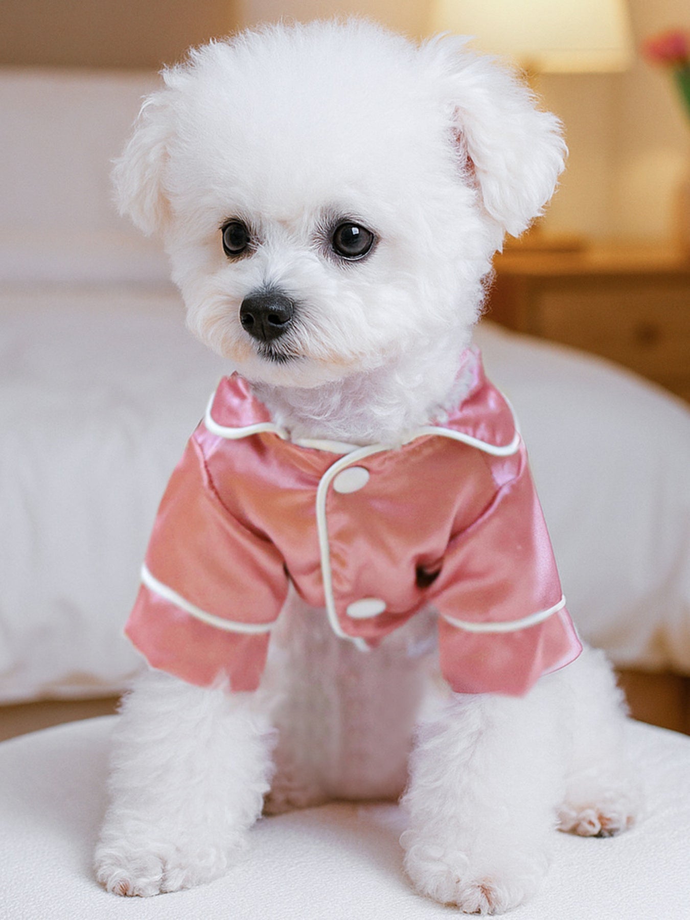 Dusty pink satin pet pajamas with contrast piping and adjustable straps, designed for comfort and style.