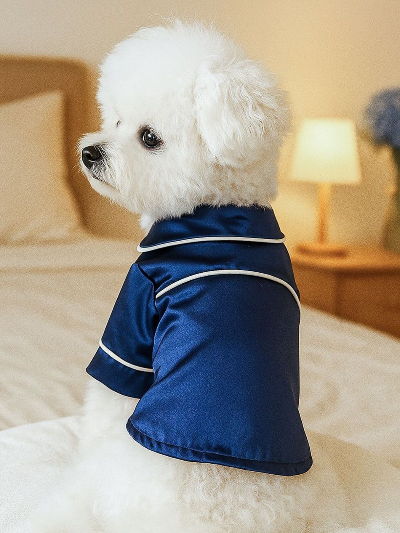 Dusty pink satin pet pajamas with contrast piping, featuring a comfortable fit and stylish design for pets.