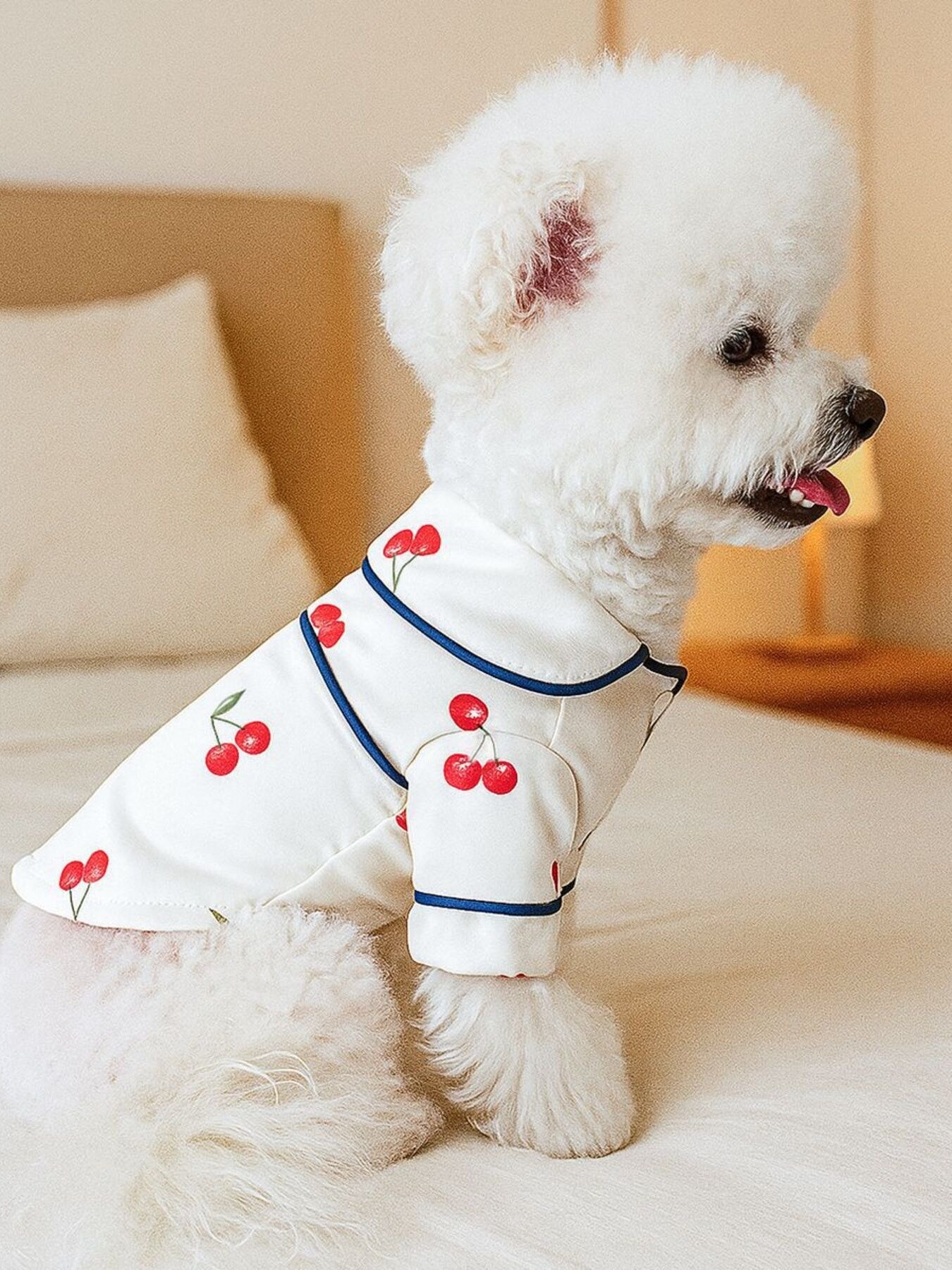 Dusty pink satin pet pajamas with contrast piping, featuring comfortable design and cozy fit for pets.