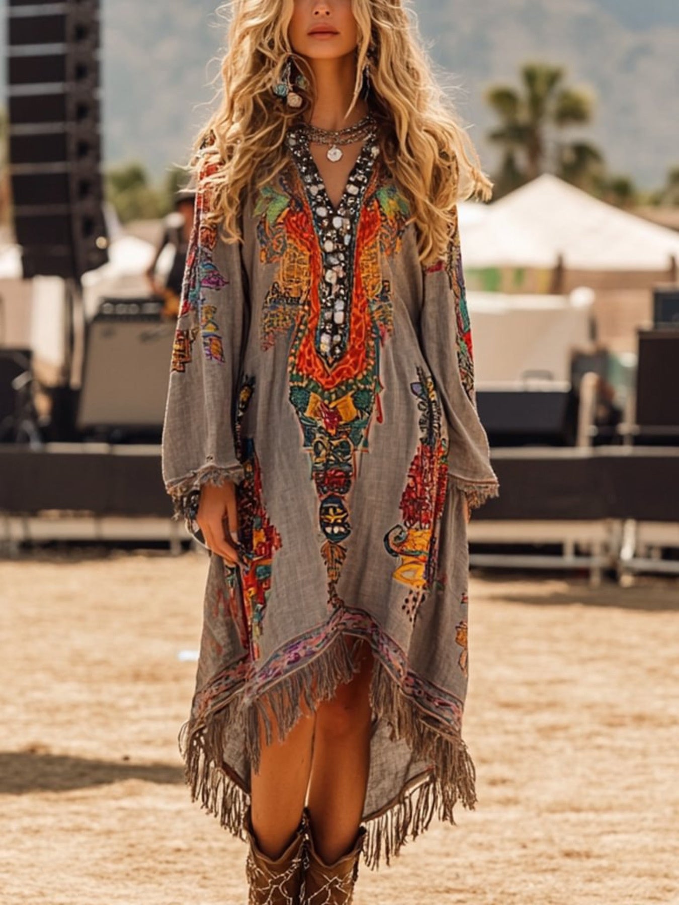 Gray Fringe Hem Notched Long Sleeve Dress by Trendsi, featuring a stylish notched neckline and flowing fringe hem detail.