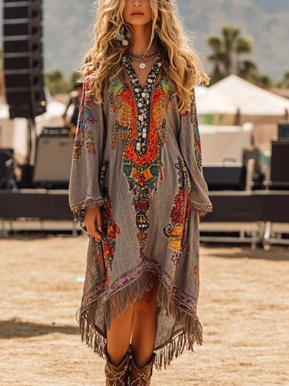 Gray Fringe Hem Notched Long Sleeve Dress by Trendsi, featuring a stylish notched neckline and flowing fringe hem detail.