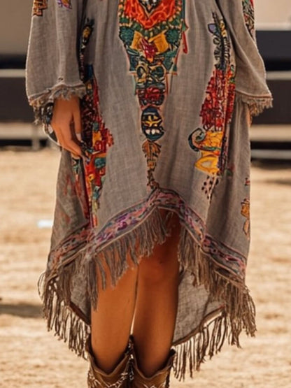 Gray fringe hem notched long sleeve dress by Trendsi, featuring a stylish design with long sleeves and a flowing hem.