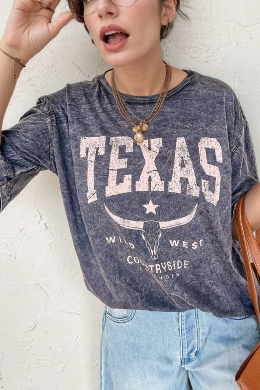 Texas Steer Head graphic oversized T-shirt by Trendsi with mineral wash finish, featuring a bold steer head print on soft casual wear.