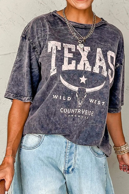 Texas Steer Head graphic oversized T-shirt by Trendsi, featuring a mineral wash finish and bold Western-inspired design.