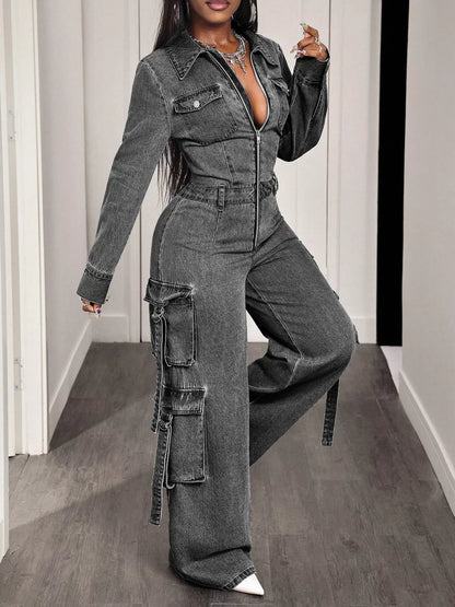 Denim jumpsuit by Trendsi featuring a zip front, wide-leg cargo design, with functional pockets and a casual, stylish fit.