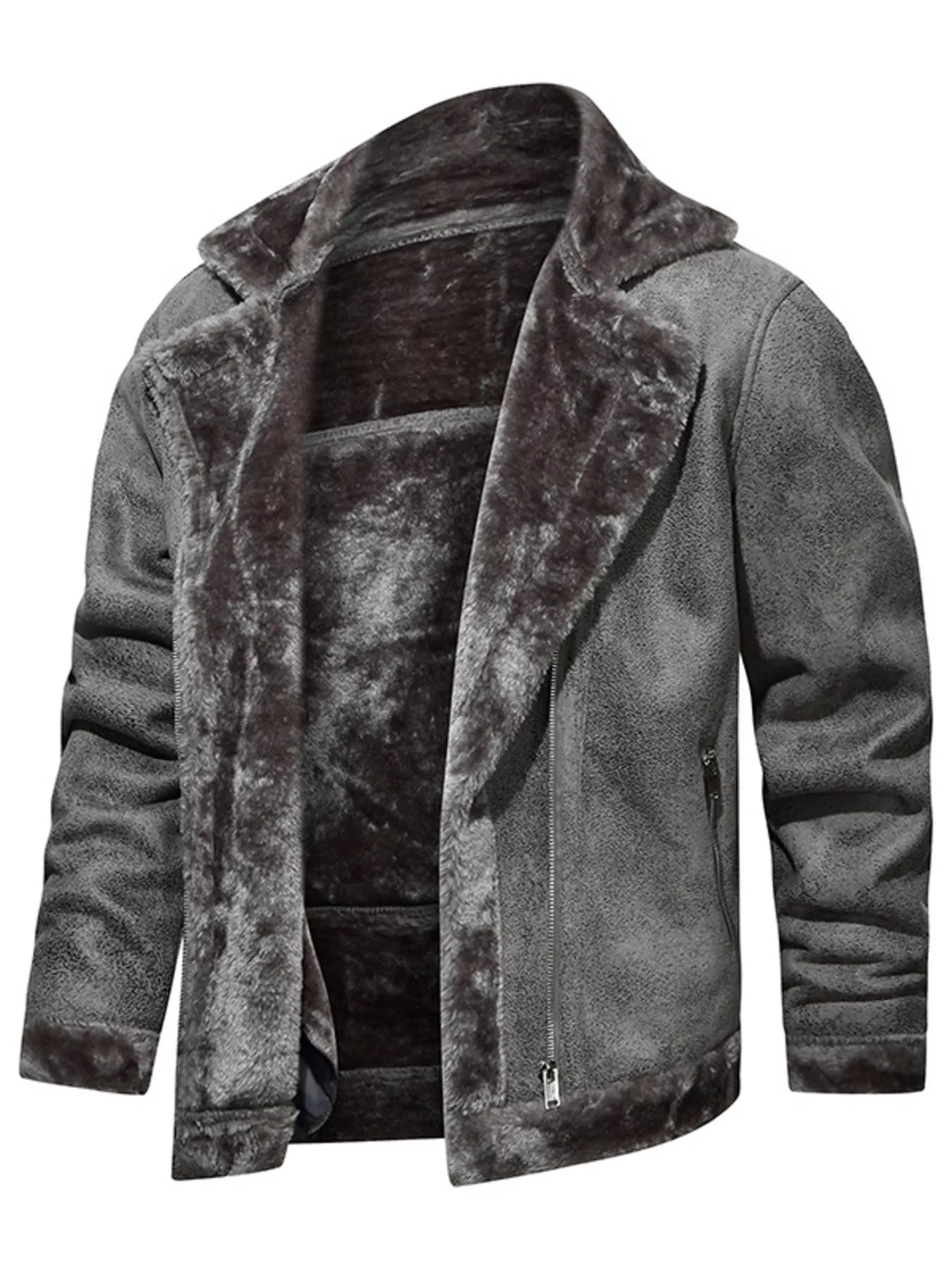 Men's plus size grey fuzzy zip-up outerwear by Trendsi, showing the cozy, plush exterior and full front zipper detail.