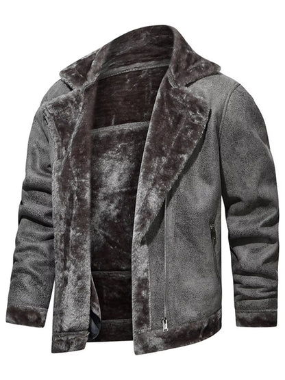 Men's plus size grey fuzzy zip-up outerwear by Trendsi, showing the cozy, plush exterior and full front zipper detail.