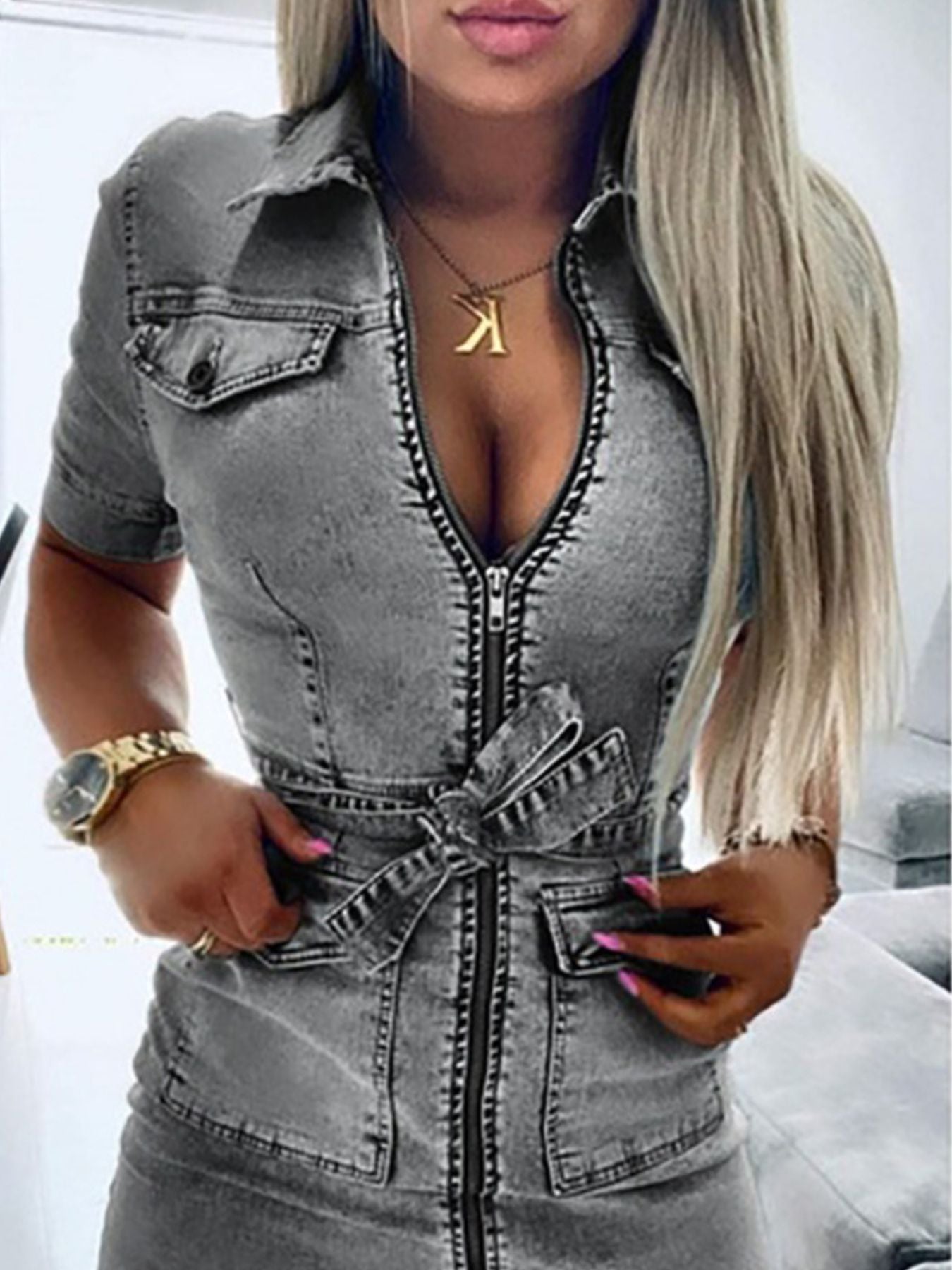 Grey zipper front short sleeve denim dress by Trendsi, casual fit with front zipper closure, stylish and comfortable for everyday wear.