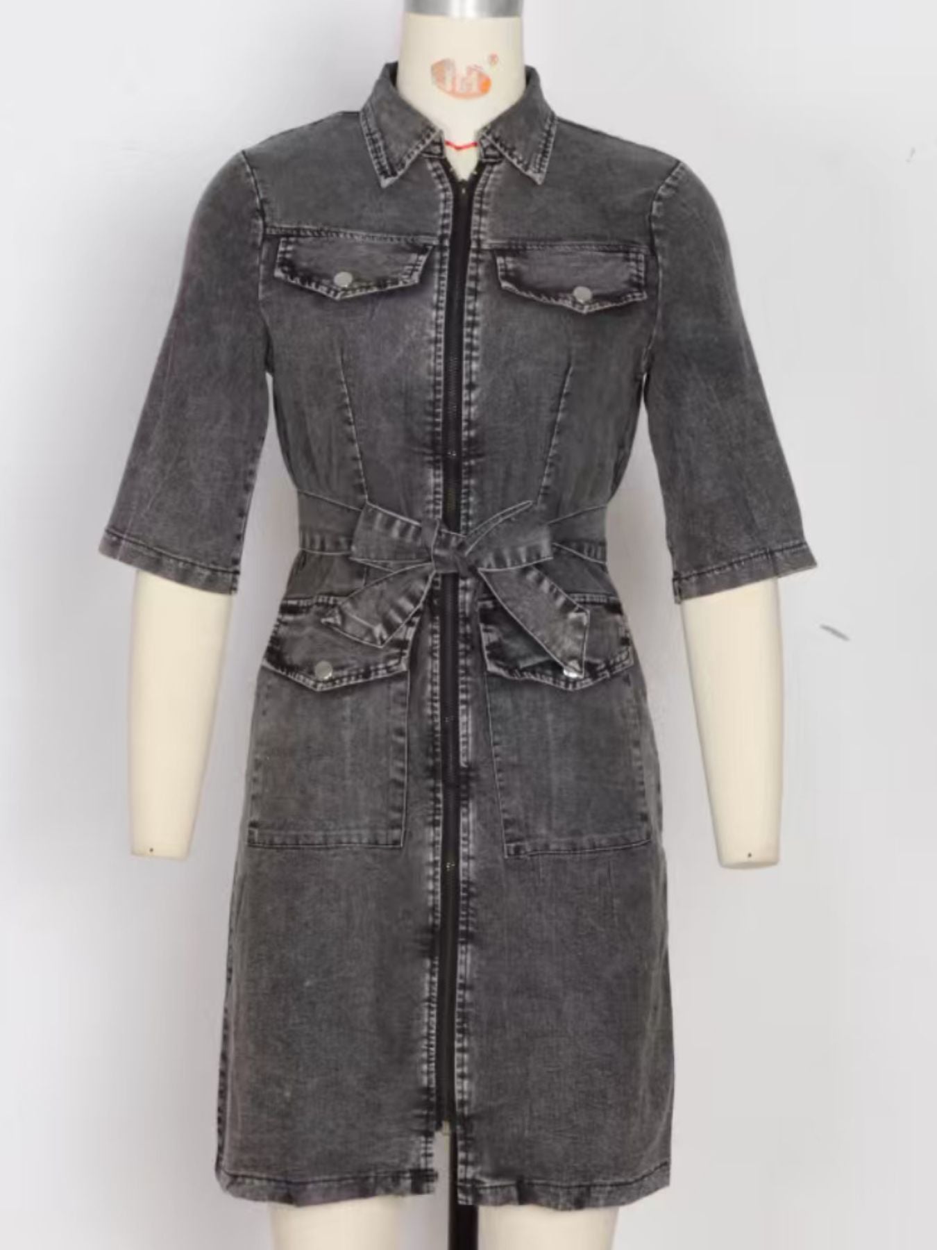 Grey zipper front short sleeve denim dress by Trendsi, shown on a model with a casual fit and classic denim style.