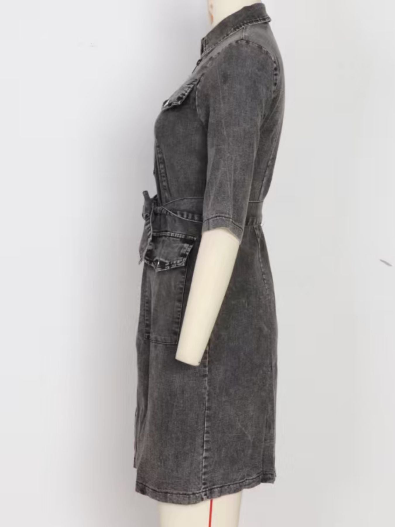 Grey zipper front short sleeve denim dress from Trendsi, featuring a fitted silhouette and casual style.