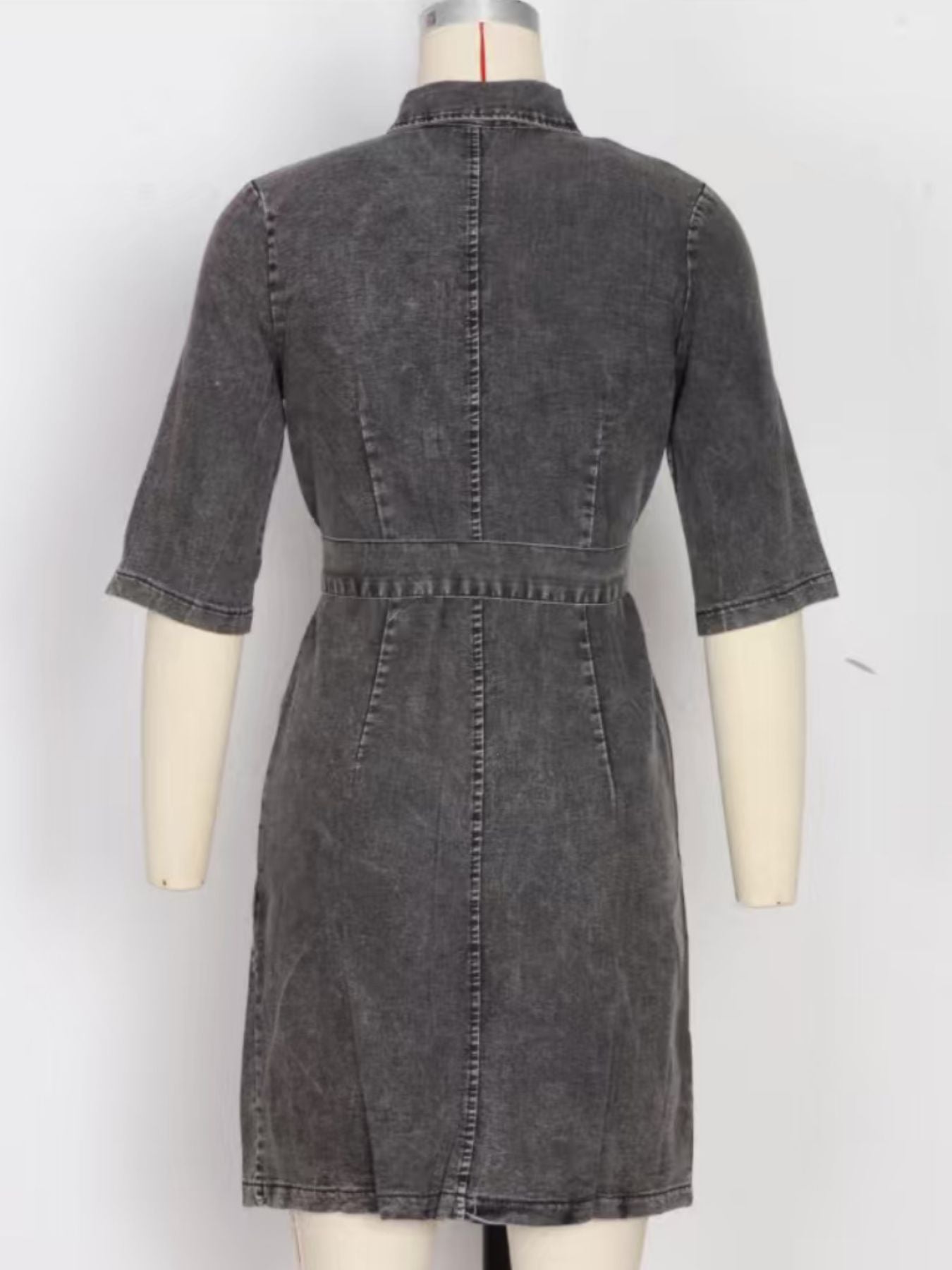 Grey zipper front short sleeve denim dress by Trendsi, featuring a fitted silhouette and classic denim fabric.