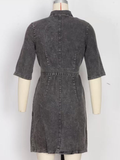 Grey zipper front short sleeve denim dress by Trendsi, featuring a fitted silhouette and classic denim fabric.