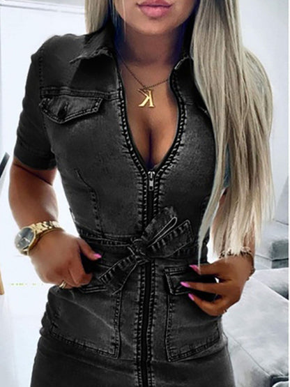 Grey zipper front short sleeve denim dress by Trendsi, featuring a fitted silhouette and classic denim fabric.