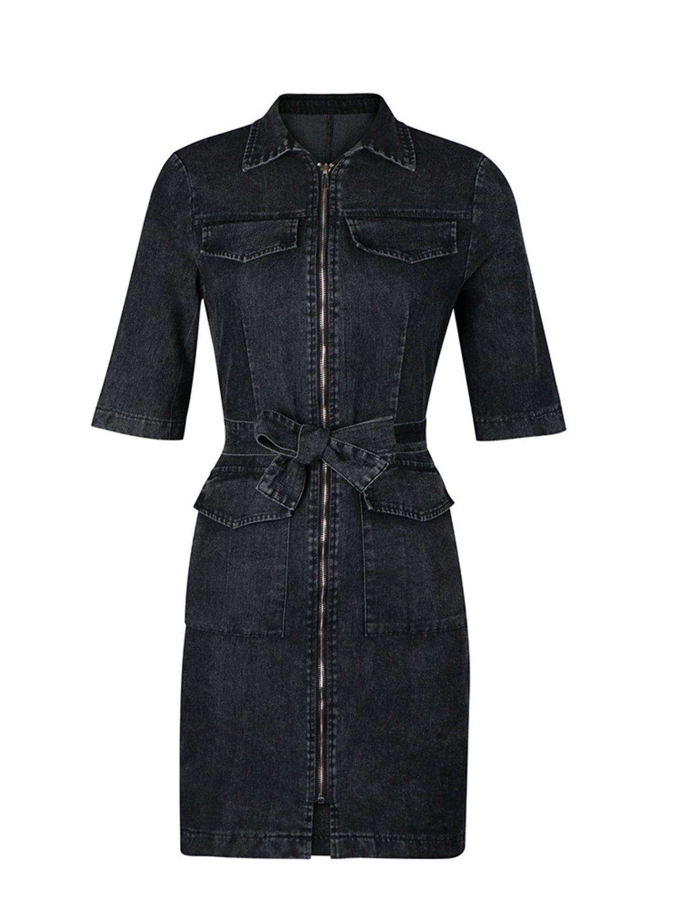 Grey zipper front short sleeve denim dress by Trendsi, featuring a casual fit with a front zipper closure and classic denim texture.