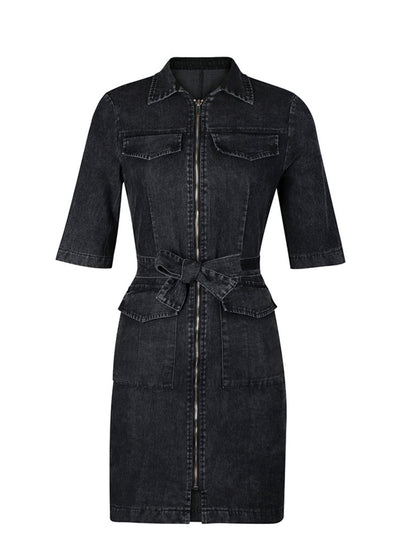 Grey zipper front short sleeve denim dress by Trendsi, featuring a casual fit with a front zipper closure and classic denim texture.