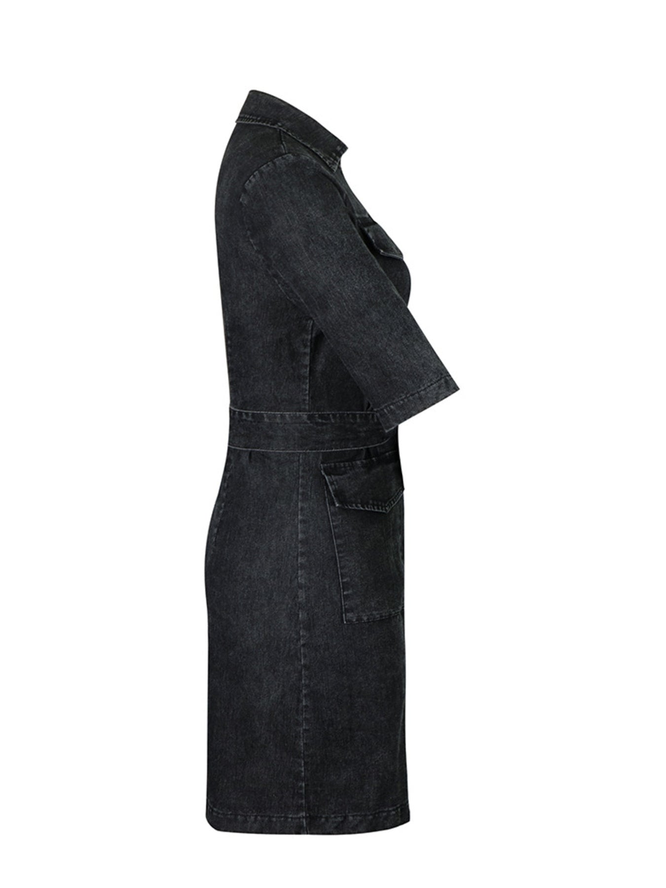 Grey zipper front short sleeve denim dress by Trendsi, casual fit with front zipper detail, styled on a model.