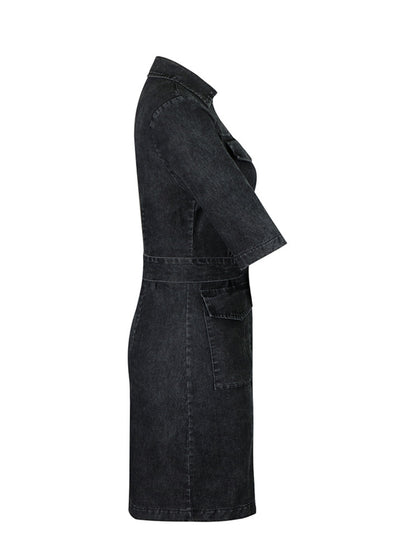 Grey zipper front short sleeve denim dress by Trendsi, casual fit with front zipper detail, styled on a model.