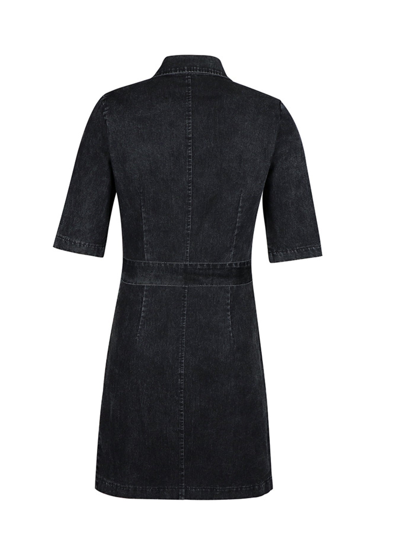 Grey zipper front short sleeve denim dress by Trendsi, showing a casual fit with front zipper detail and short sleeves.