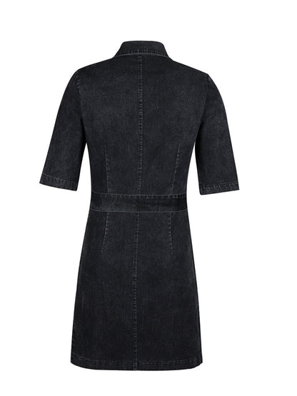 Grey zipper front short sleeve denim dress by Trendsi, showing a casual fit with front zipper detail and short sleeves.