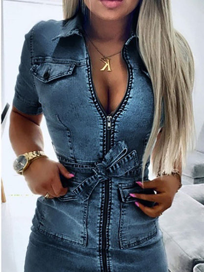 Grey zipper front short sleeve denim dress by Trendsi, featuring a fitted silhouette and classic denim fabric.