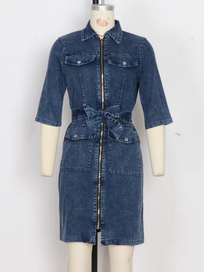 Grey zipper front short sleeve denim dress by Trendsi, featuring a fitted silhouette and classic denim material.