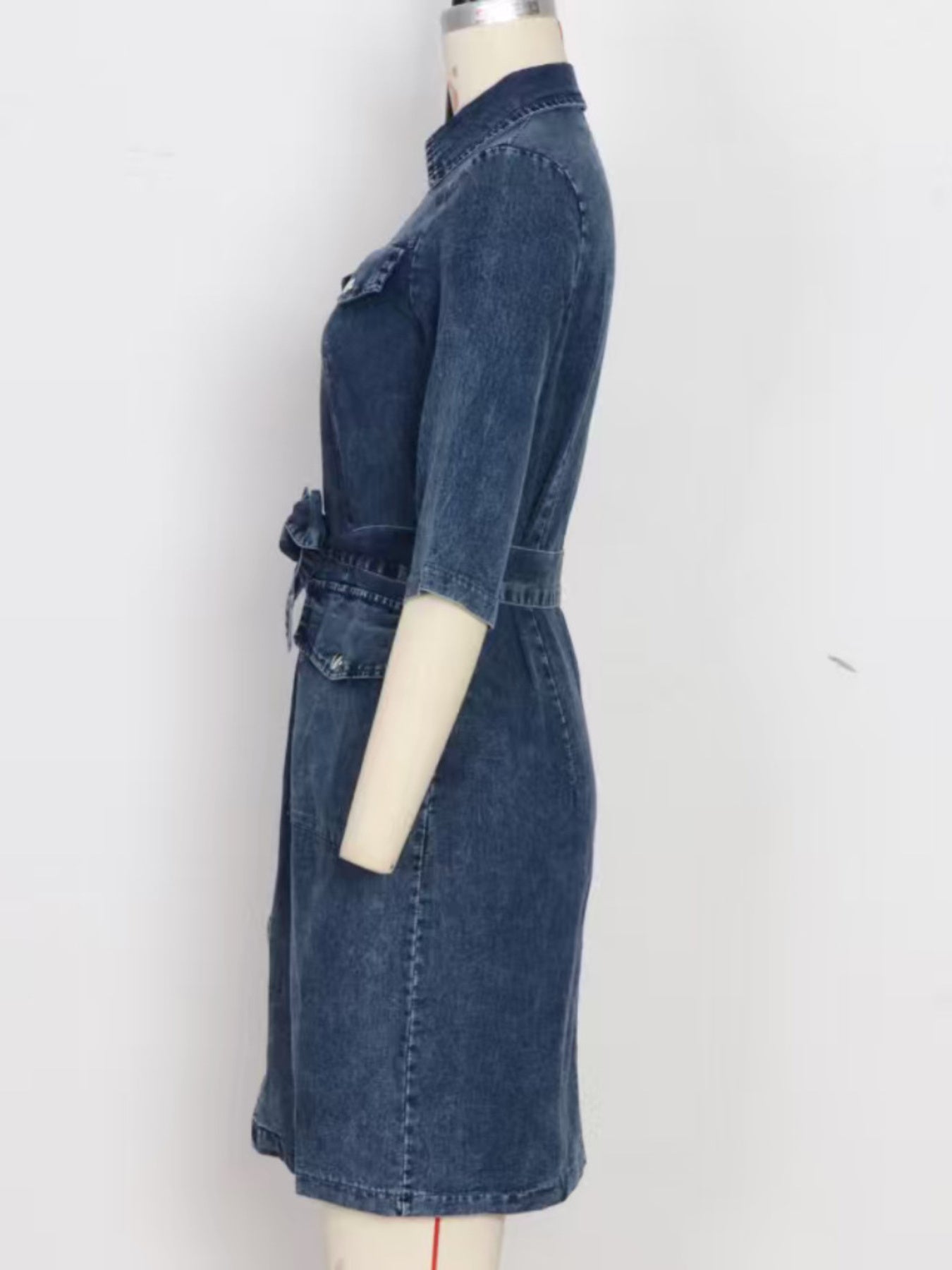 Grey zipper front short sleeve denim dress by Trendsi, featuring a fitted bodice and casual style.