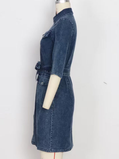 Grey zipper front short sleeve denim dress by Trendsi, featuring a fitted bodice and casual style.