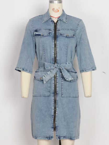 Grey zipper front short sleeve denim dress from Trendsi, featuring a fitted silhouette and classic denim fabric.