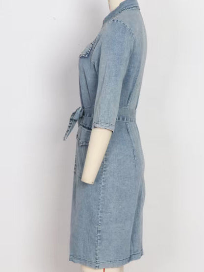 Grey zipper front short sleeve denim dress by Trendsi, featuring a fitted silhouette and classic denim fabric.