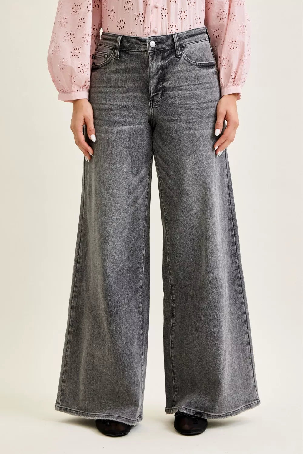 Gray Judy Blue mid-rise palazzo pants with a split back yoke, featuring a relaxed fit and stylish design.