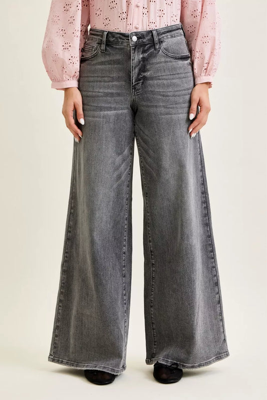 Gray Judy Blue mid-rise palazzo pants with a split back yoke, featuring a relaxed fit and stylish design.