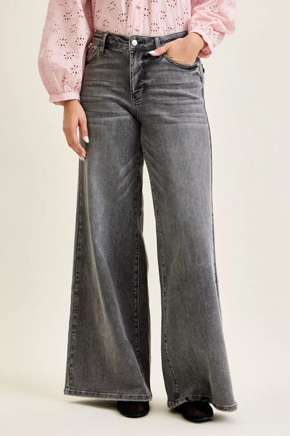 Gray Judy Blue mid-rise palazzo pants with split back yoke, featuring a relaxed fit and stylish design.