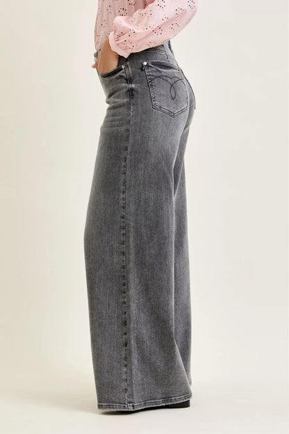 Gray Judy Blue mid-rise palazzo pants with split back yoke, featuring a relaxed fit and comfortable style.