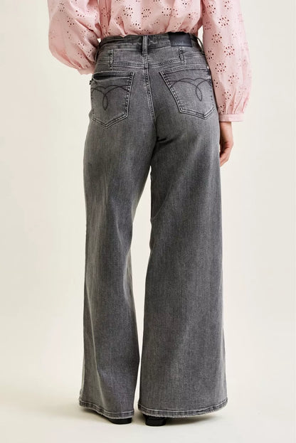 Gray Judy Blue mid-rise palazzo pants with split back yoke, featuring a relaxed fit and stylish design.