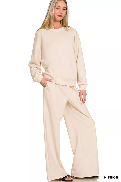 Zenana scuba crewneck pullover and pants set in black, featuring a comfortable fit and casual style.