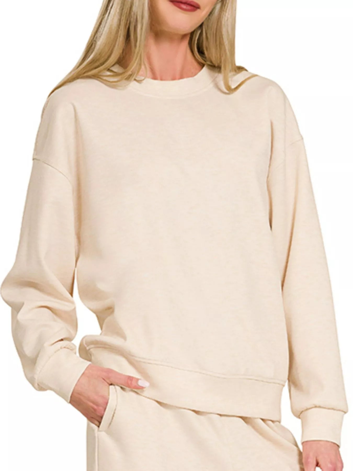 Zenana scuba crewneck pullover and matching pants set in stylish fabric, perfect for casual wear and comfortable lounging.