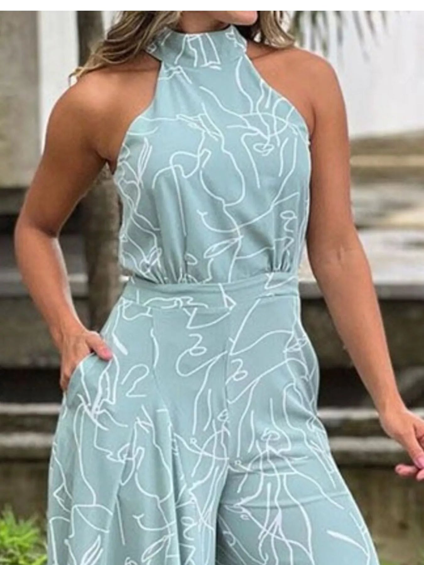 Halter Neck Abstract Print Wide Leg Jumpsuit - Redemption By Ashley North