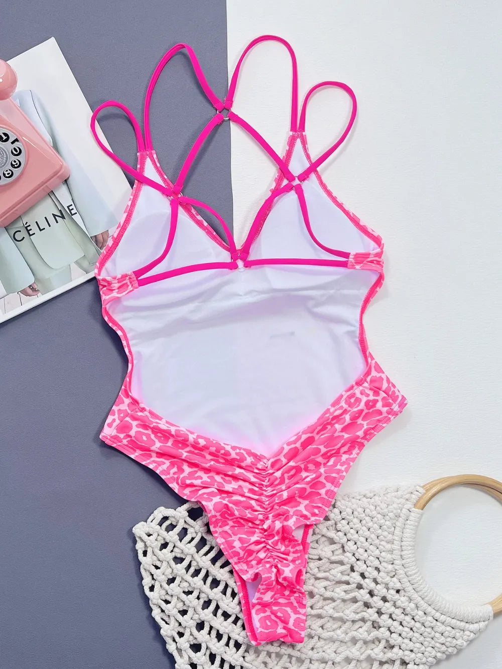 Trendsi leopard print plunge swimwear, stylish one-piece bikini, perfect for beach glamour and sunbathing.