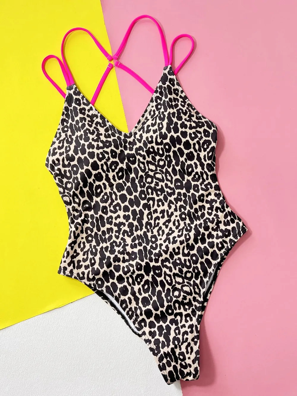 Hot pink leopard plunge swimwear by Trendsi, stylish one-piece swimsuit perfect for beach glam and effortless summer style.