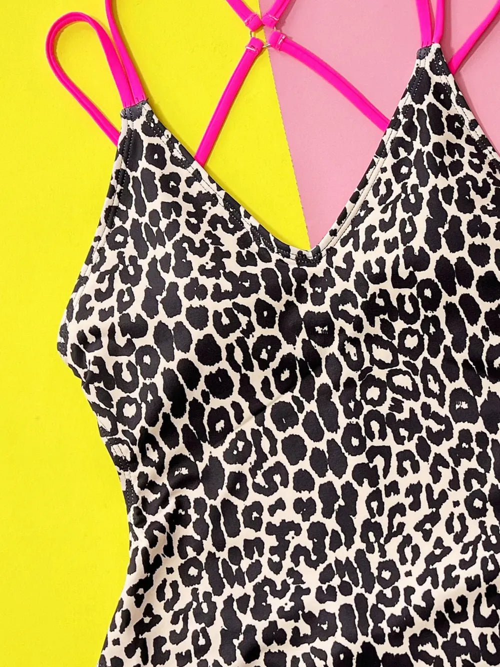 Trendsi hot pink leopard plunge swimwear, stylish one-piece swimsuit for beach glam, featuring a flattering fit and bold animal print.