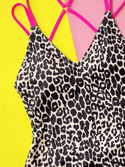 Trendsi hot pink leopard plunge swimwear, stylish one-piece swimsuit for beach glam, featuring a flattering fit and bold animal print.