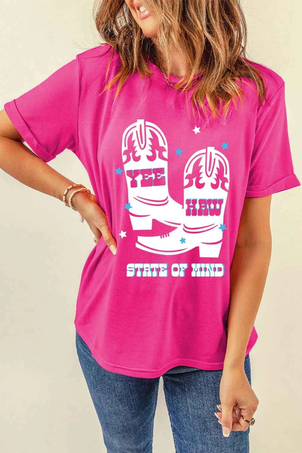 Hot pink Trendsi graphic round neck T-shirt, soft and stylish with a casual design perfect for everyday wear.