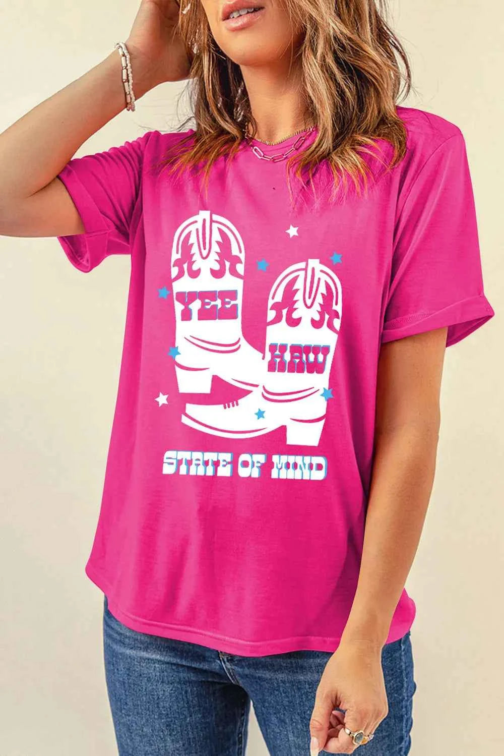 Hot pink graphic round neck T-shirt by Trendsi, soft and stylish for effortless everyday wear, with a casual fit and vibrant design.