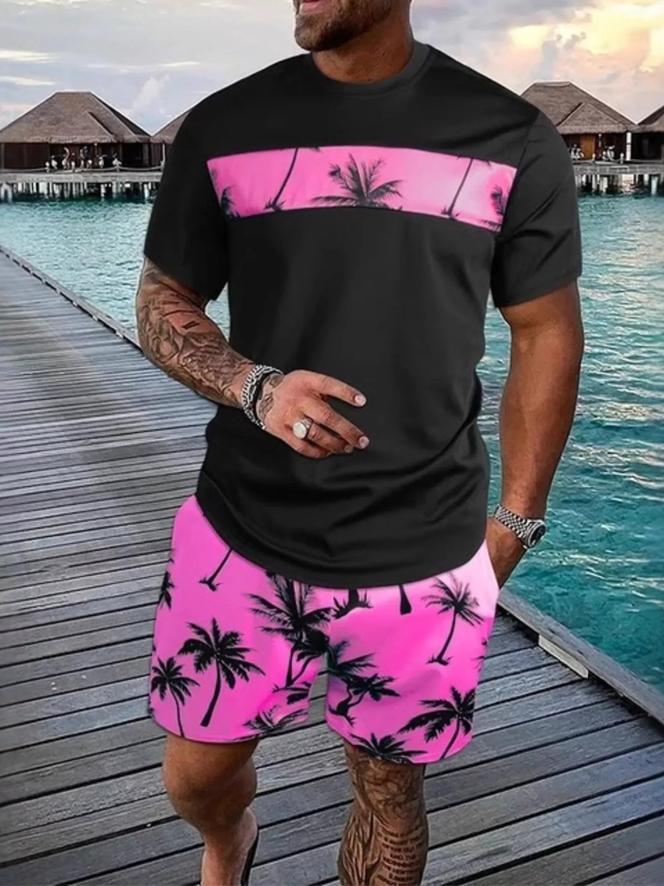 Men's full-size tropical palm tree t-shirt and shorts set in hot pink, plus size, featuring a vibrant palm tree print.