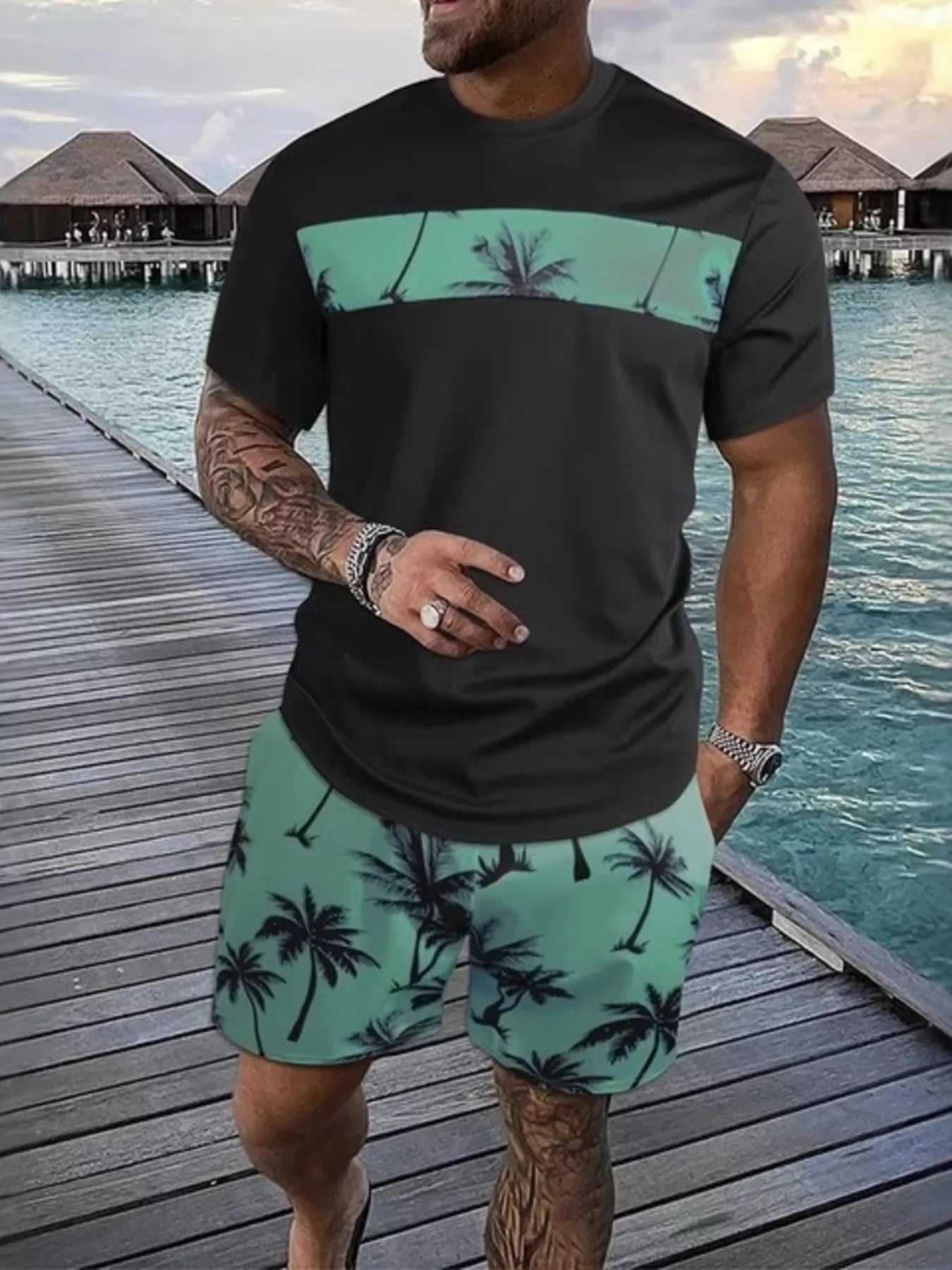 Men's full size tropical palm tree tee and shorts set in hot pink, plus size, featuring a vibrant palm tree print.