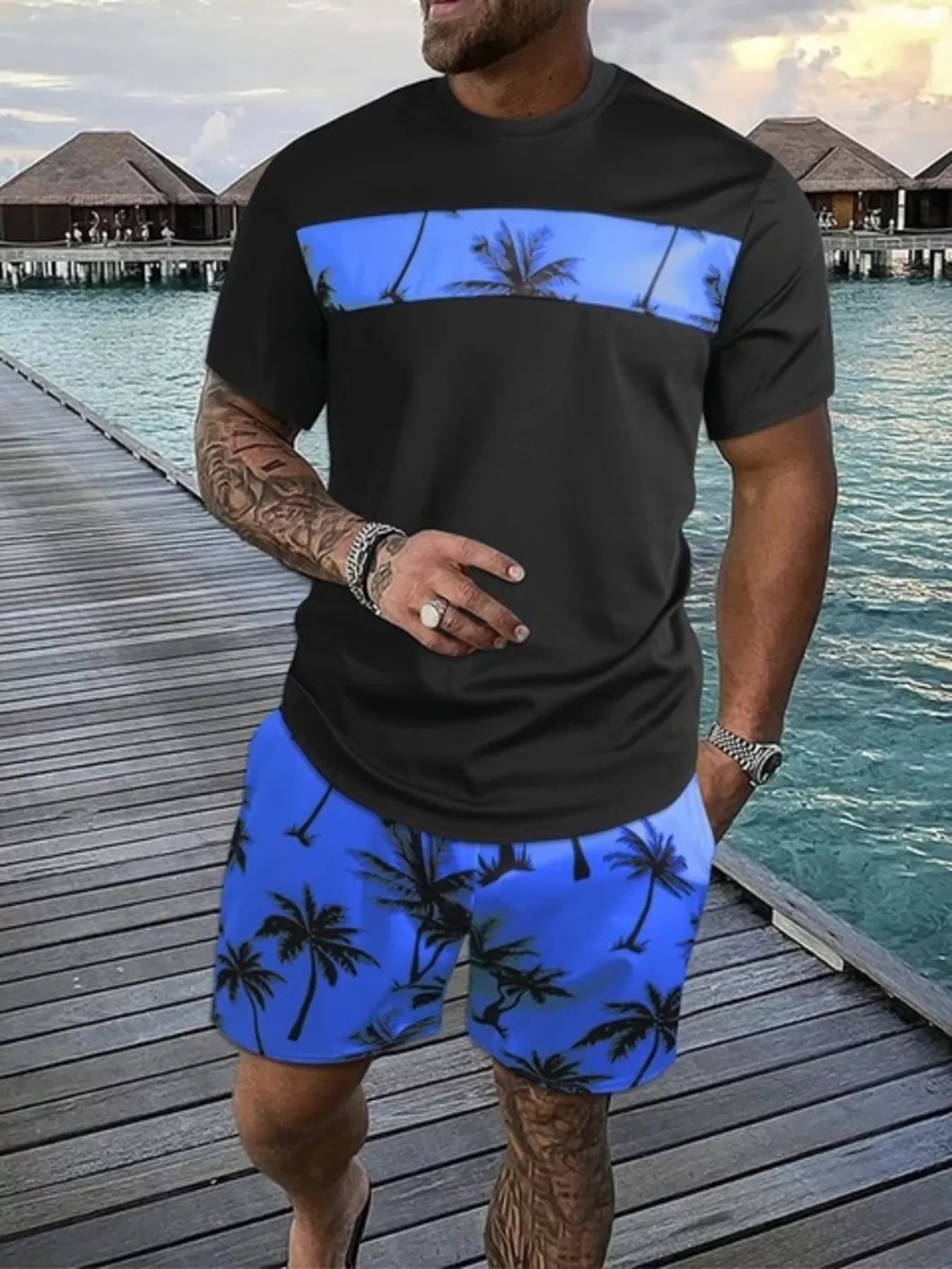 Men's plus size tropical palm tree tee and shorts set in hot pink, casual summer outfit by Trendsi.